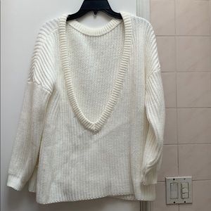 Oversized Low Back V White Knit Sweater